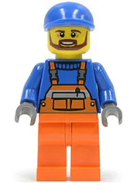 LEGO Overalls with Safety Stripe Orange, Orange Legs, Blue Short Bill Cap, Brown Beard (Tow Truck Driver) minifigure