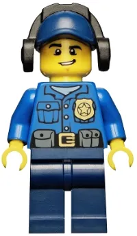 LEGO Police - City Officer, Gold Badge, Dark Blue Cap with Hole, Headphones, Lopsided Grin minifigure