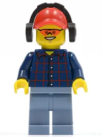 LEGO Plaid Button Shirt, Sand Blue Legs, Red Cap with Hole, Black Headphones minifigure