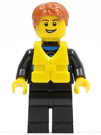 LEGO Wetsuit with Blue Sign, Black Legs, Dark Orange Short Tousled Hair, Life Jacket Center Buckle, Open Grin minifigure