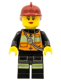 LEGO Fire - Reflective Stripe Vest with Pockets and Shoulder Strap, Dark Red Fire Helmet, Female Red Lips minifigure