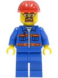 LEGO Blue Jacket with Pockets and Orange Stripes, Blue Legs, Red Construction Helmet, Safety Goggles minifigure