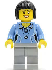 LEGO Medium Blue Female Shirt with Two Buttons and Shell Pendant, Light Bluish Gray Legs, Black Bob Cut Hair minifigure