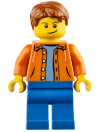 LEGO Orange Jacket with Hood over Light Blue Sweater, Blue Legs, Dark Orange Short Tousled Hair, Crooked Smile with Black Dimple minifigure