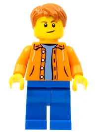 LEGO Orange Jacket with Hood over Light Blue Sweater, Blue Legs, Dark Orange Short Tousled Hair, Crooked Smile with Brown Dimple minifigure