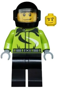 LEGO Monster Truck Driver, Race Suit with Black and White Swirls, Black Helmet with Trans-Black Visor, Crooked Smile minifigure