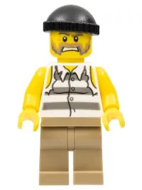 LEGO Police - Jail Prisoner Shirt with Prison Stripes and Torn out Sleeves, Dark Tan Legs, Black Knit Cap minifigure