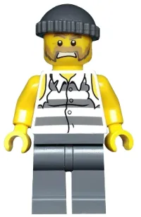 LEGO Police - Jail Prisoner Shirt with Prison Stripes and Torn out Sleeves, Dark Bluish Gray Legs, Dark Bluish Gray Knit Cap minifigure