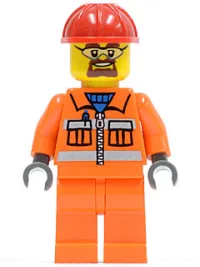 LEGO Construction Worker - Orange Zipper, Safety Stripes, Orange Arms, Orange Legs, Red Construction Helmet, Beard and Safety Goggles minifigure