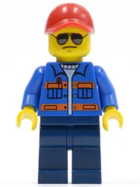LEGO Blue Jacket with Pockets and Orange Stripes, Dark Blue Legs, Red Cap with Hole, Sunglasses, NO Back Print minifigure