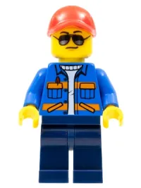 LEGO Blue Jacket with Pockets and Orange Stripes, Dark Blue Legs, Red Cap with Hole, Sunglasses with Back Print minifigure