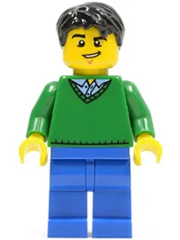 LEGO Green V-Neck Sweater, Blue Legs, Black Short Tousled Hair, Lopsided Grin minifigure