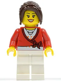 LEGO Sweater Cropped with Bow, Heart Necklace, White Legs, Dark Brown Hair Ponytail Long with Side Bangs minifigure