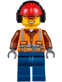 LEGO Construction Worker - Male, Orange Safety Vest, Reflective Stripes, Reddish Brown Shirt, Dark Blue Legs, Red Construction Helmet with Black Headphones, Orange Safety Glasses minifigure