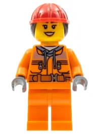 LEGO Construction Worker - Female, Orange Safety Jacket, Reflective Stripe, Sand Blue Hoodie, Orange Legs, Red Construction Helmet with Dark Brown Hair, Peach Lips minifigure
