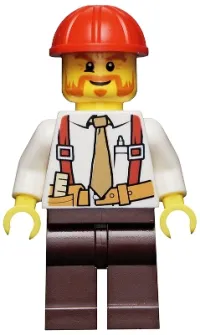LEGO Construction Foreman - Shirt with Tie and Suspenders, Dark Brown Legs, Red Construction Helmet minifigure