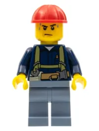 LEGO Construction Worker - Shirt with Harness and Wrench, Sand Blue Legs, Red Construction Helmet, Sweat Drops minifigure