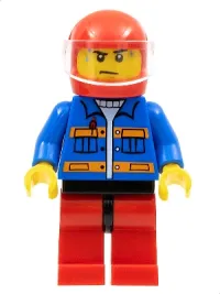 LEGO Blue Jacket with Pockets and Orange Stripes, Red Legs with Black Hips, Sweat Drops minifigure