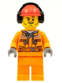 LEGO Construction Worker - Male, Orange Safety Jacket, Reflective Stripe, Sand Blue Hoodie, Orange Legs, Red Construction Helmet with Black Headphones, Stubble minifigure