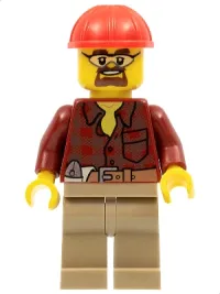 LEGO Flannel Shirt with Pocket and Belt, Dark Tan Legs, Red Construction Helmet, Safety Goggles minifigure