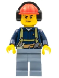 LEGO Construction Worker - Shirt with Harness and Wrench, Sand Blue Legs, Red Construction Helmet with Headphones, Sweat Drops minifigure