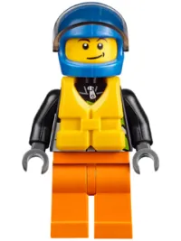 LEGO Xtreme Powerboat Driver, Male, Brown Dimple, Black Race Jacket, Orange Legs, Blue Standard Helmet, Yellow Life Jacket minifigure