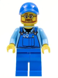 LEGO Overalls with Tools in Pocket Blue, Blue Cap with Hole, Beard and Glasses minifigure
