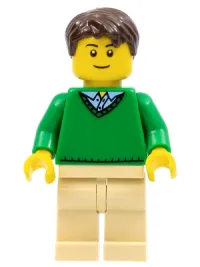 LEGO Green V-Neck Sweater, Tan Legs, Dark Brown Short Tousled Hair, Thin Grin minifigure