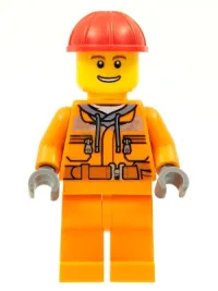 LEGO Construction Worker - Male, Orange Safety Jacket, Reflective Stripe, Sand Blue Hoodie, Orange Legs, Red Construction Helmet, Thin Grin with Teeth minifigure