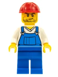 LEGO Overalls Blue over V-Neck Shirt, Blue Legs, Red Construction Helmet, Crooked Smile and Scar minifigure