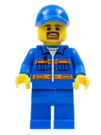 LEGO Blue Jacket with Pockets and Orange Stripes, Blue Legs, Blue Cap with Hole, Brown Moustache and Goatee minifigure