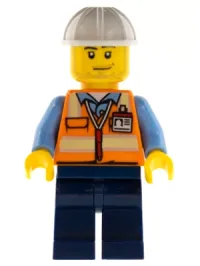 LEGO Space Engineer, Male, Orange Vest, Dark Blue Legs, White Construction Helmet, Stubble minifigure