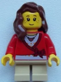 LEGO Sweater Cropped with Bow, Heart Necklace, Tan Short Legs, Reddish Brown Female Hair over Shoulder minifigure
