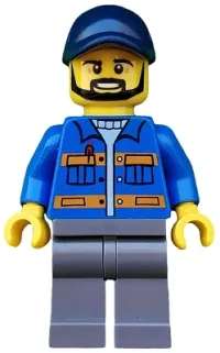 LEGO Blue Jacket with Pockets and Orange Stripes, Dark Bluish Gray Legs, Dark Blue Cap with Hole, Black Beard minifigure