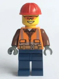 LEGO Construction Worker - Male, Orange Safety Vest, Reflective Stripes, Reddish Brown Shirt, Dark Blue Legs, Red Construction Helmet, Orange Safety Glasses minifigure