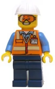 LEGO Space Engineer, Male, Orange Vest, Dark Blue Legs, White Construction Helmet, Goggles minifigure