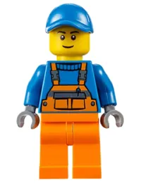 LEGO Overalls with Safety Stripe Orange, Orange Legs, Blue Short Bill Cap, Thin Grin minifigure