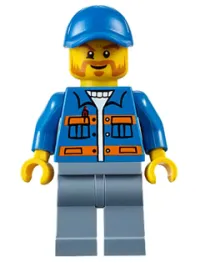 LEGO Blue Jacket with Pockets and Orange Stripes, Sand Blue Legs, Blue Short Bill Cap, Beard minifigure