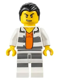 LEGO Police - Jail Prisoner Shirt with Prison Stripes and Orange Undershirt, Striped Legs, Hair Combed minifigure