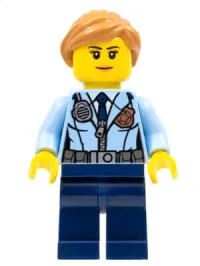 LEGO Police - City Officer Female, Jacket with Dark Blue Tie, Radio and Gold Badge, Dark Blue Legs, Medium Nougat Ponytail and Swept Sideways Fringe minifigure