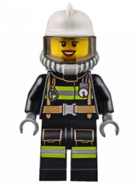 LEGO Fire - Reflective Stripes with Utility Belt, White Fire Helmet, Breathing Neck Gear with Air Tanks, Trans Black Visor, Peach Lips Open Mouth Smile minifigure