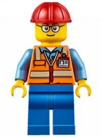 LEGO Orange Safety Vest with Reflective Stripes, Blue Legs, Red Construction Helmet, Glasses (TV Tower Technician) minifigure