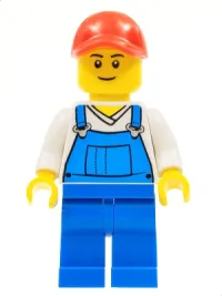 LEGO Overalls Blue over V-Neck Shirt, Blue Legs, Red Cap with Hole minifigure