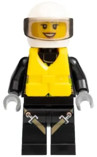 LEGO Fire - Reflective Stripes with Utility Belt and Flashlight, Life Jacket Center Buckle, White Helmet, Trans-Black Visor, Peach Lips Open Mouth Smile minifigure