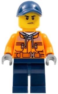 LEGO Construction Worker - Male, Orange Safety Jacket, Reflective Stripe, Sand Blue Hoodie, Dark Blue Legs, Dark Blue Cap with Hole, Scowl minifigure