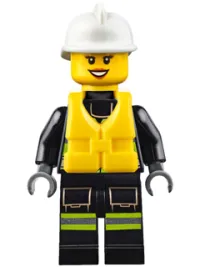 LEGO Fire - Reflective Stripes with Utility Belt and Flashlight, Life Jacket, White Fire Helmet, Peach Lips Open Mouth Smile minifigure