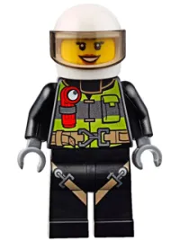 LEGO Fire - Reflective Stripes with Utility Belt and Flashlight, White Helmet, Trans-Black Visor, Peach Lips Open Mouth Smile minifigure