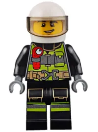 LEGO Fire - Reflective Stripes with Utility Belt and Flashlight, White Helmet, Trans-Black Visor, Lopsided Grin minifigure