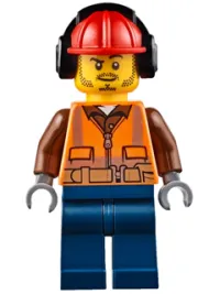 LEGO Fire - Male, Orange Safety Vest, Reflective Stripes, Reddish Brown Shirt, Dark Blue Legs, Red Construction Helmet with Black Headphones, Stubble minifigure