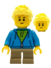 LEGO Boy, Dark Azure Hoodie with Green Striped Shirt, Dark Tan Short Legs, Freckles minifigure